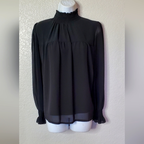 Boohoo Black Sheer Long  Sleeve Smocked Cuff &  Mock Neck Blouse Size 8 - Picture 3 of 9